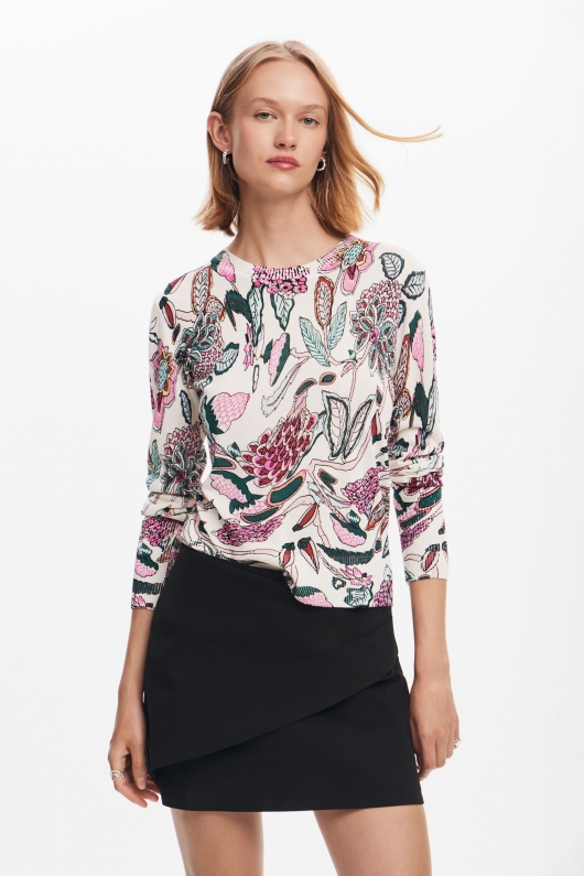 Pulover casual cu print floral multicolor