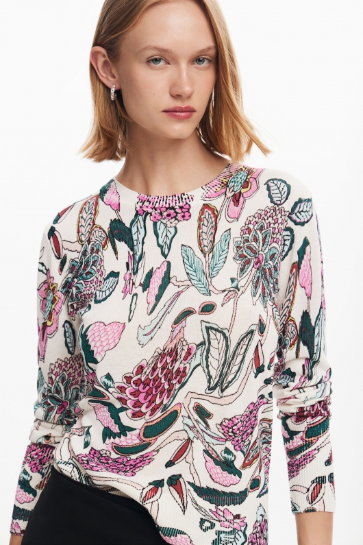 Pulover casual cu print floral multicolor