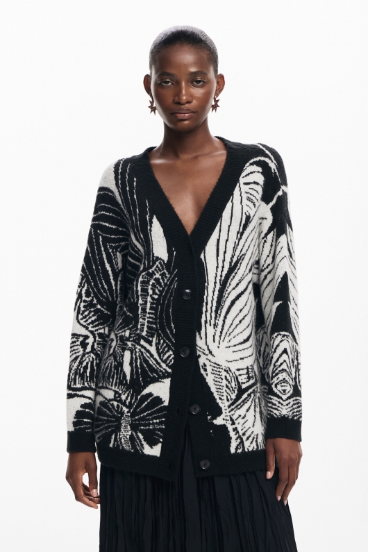 Cardigan alb-negru tricotat cu imprimeu artistic