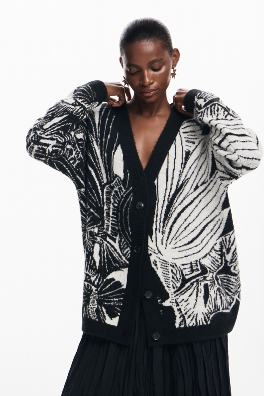 Cardigan alb-negru tricotat cu imprimeu artistic