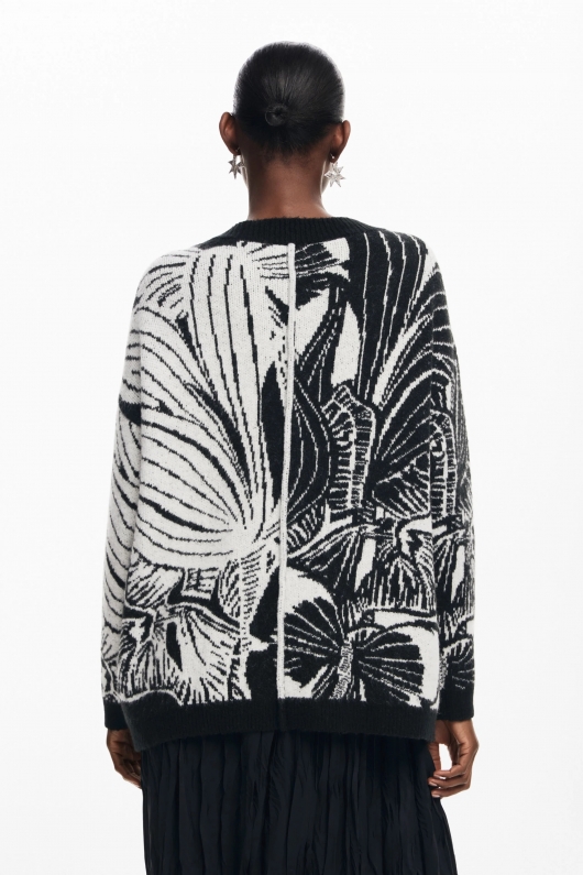 Cardigan alb-negru tricotat cu imprimeu artistic