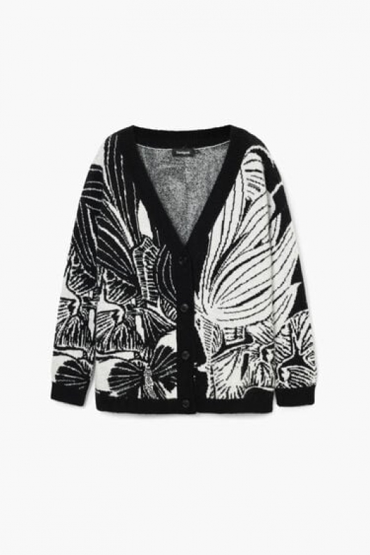 Cardigan alb-negru tricotat cu imprimeu artistic