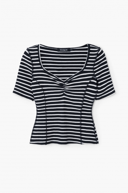 Tricou alb cu dungi negre și decolteu inimă