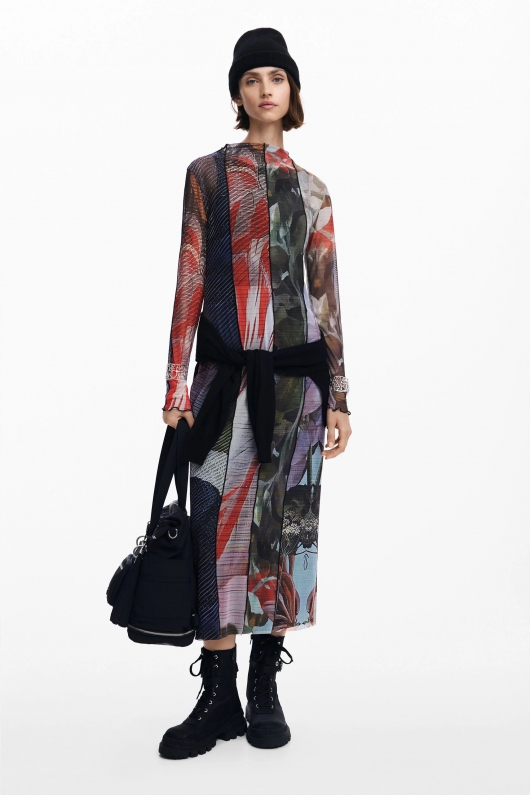 Rochie midi din tull cu imprimeu floral multicolor