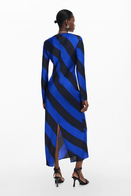 Rochie midi satinată cu dungi multicolore