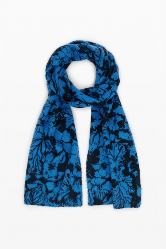 Eșarfă albastră tip șal cu print floral și franjuri