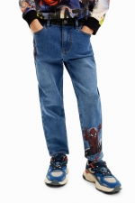 Pantaloni denim albaștri cu print Spiderman