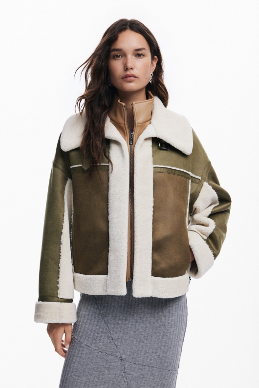 Jachetă biker kaki cu căptușeală shearling