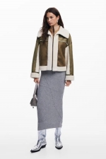 Jachetă biker kaki cu căptușeală shearling