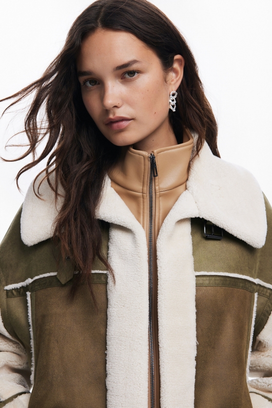 Jachetă biker kaki cu căptușeală shearling