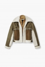 Jachetă biker kaki cu căptușeală shearling