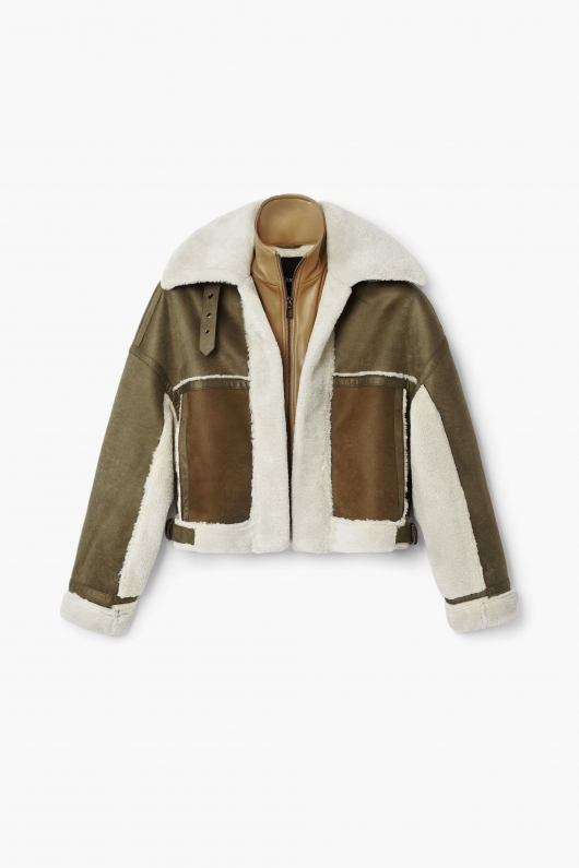 Jachetă biker kaki cu căptușeală shearling