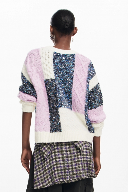 Pulover gros albastru cu model geometric