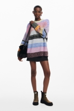 Pulover casual cu dungi multicolore și mâneci lungi