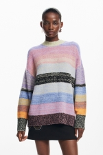 Pulover casual cu dungi multicolore și mâneci lungi