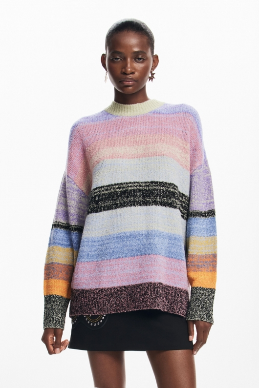 Pulover casual cu dungi multicolore și mâneci lungi