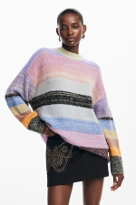 Pulover casual cu dungi multicolore și mâneci lungi
