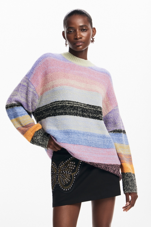 Pulover casual cu dungi multicolore și mâneci lungi