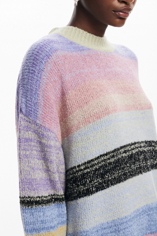 Pulover casual cu dungi multicolore și mâneci lungi