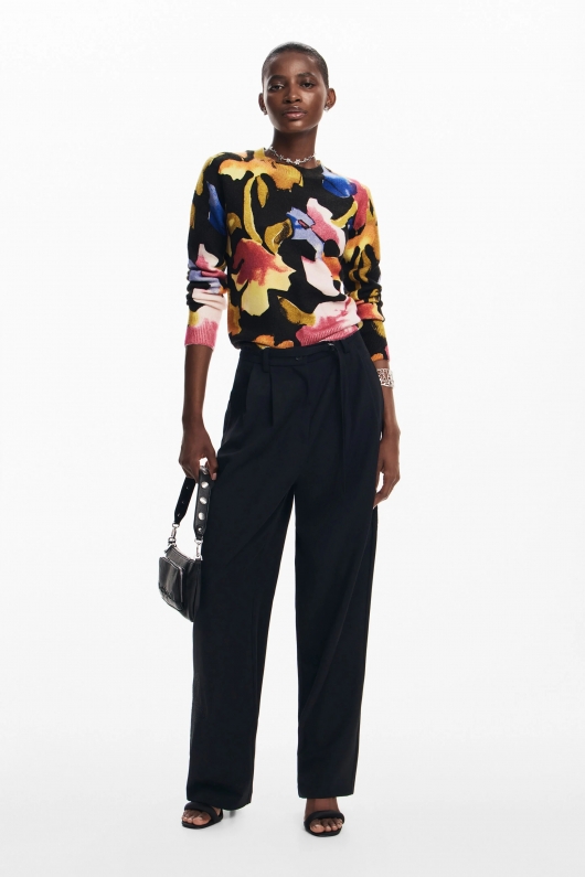 Pulover multicolor cu imprimeu floral și guler