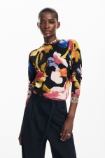 Pulover multicolor cu imprimeu floral și guler