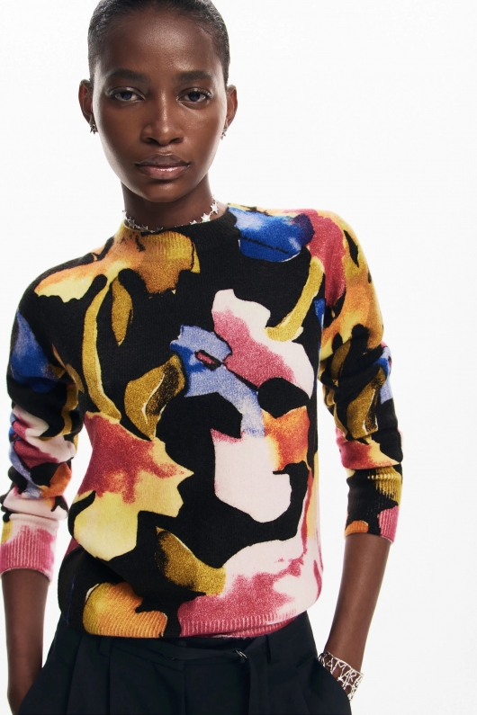 Pulover multicolor cu imprimeu floral și guler