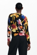 Pulover multicolor cu imprimeu floral și guler