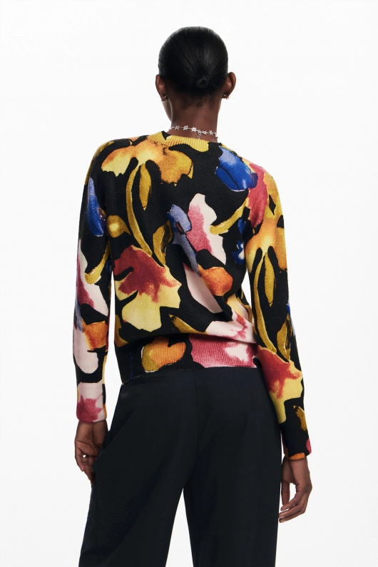 Pulover multicolor cu imprimeu floral și guler