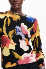 Pulover multicolor cu imprimeu floral și guler