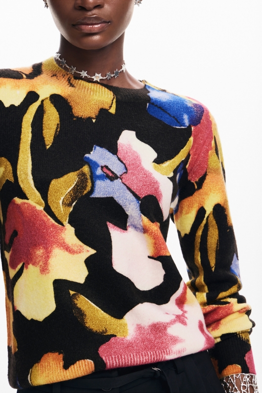 Pulover multicolor cu imprimeu floral și guler