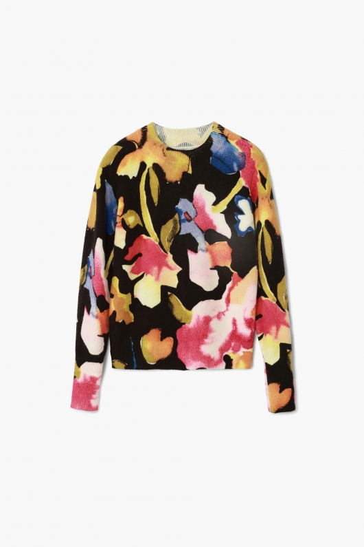 Pulover multicolor cu imprimeu floral și guler
