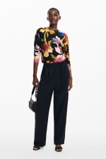 Pulover multicolor cu imprimeu floral și guler