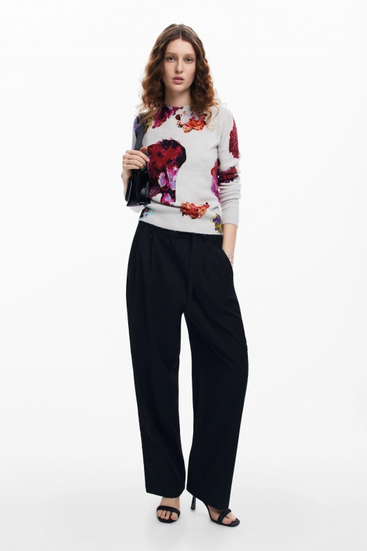 Pulover gri cu imprimeu floral și mâneci lungi