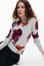 Pulover gri cu imprimeu floral și mâneci lungi