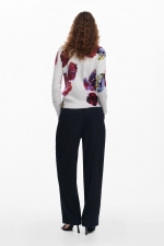 Pulover gri cu imprimeu floral și mâneci lungi