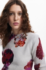 Pulover gri cu imprimeu floral și mâneci lungi