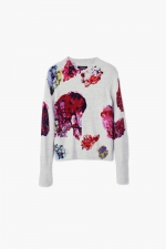 Pulover gri cu imprimeu floral și mâneci lungi