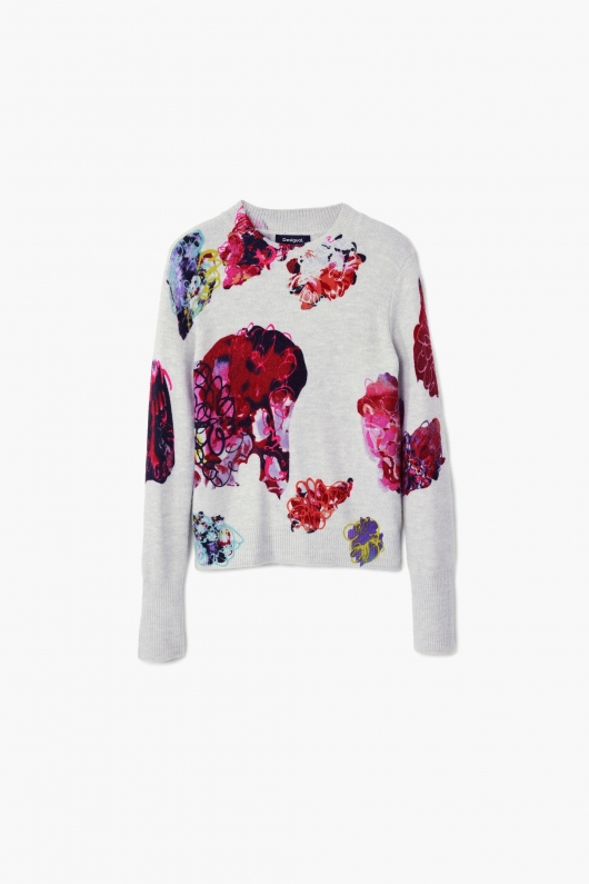 Pulover gri cu imprimeu floral și mâneci lungi