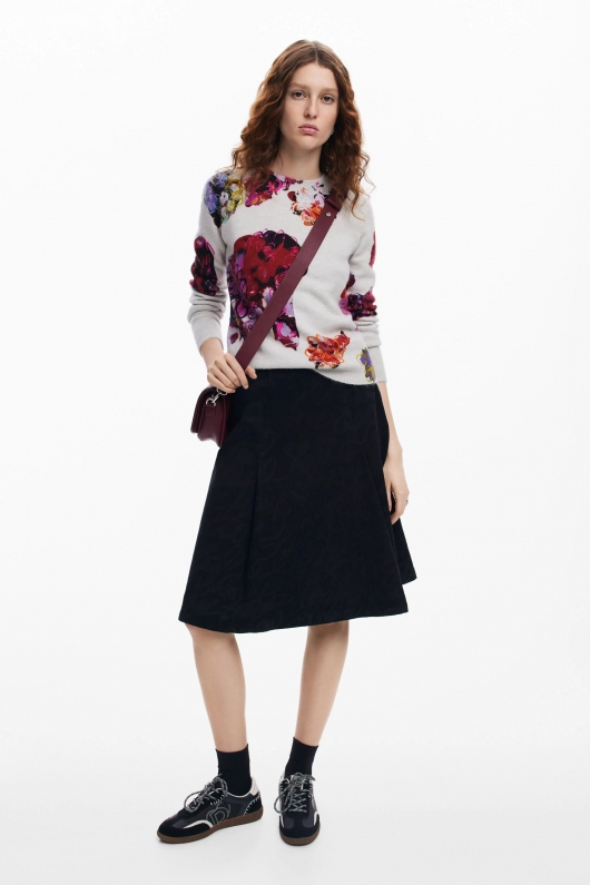 Pulover gri cu imprimeu floral și mâneci lungi