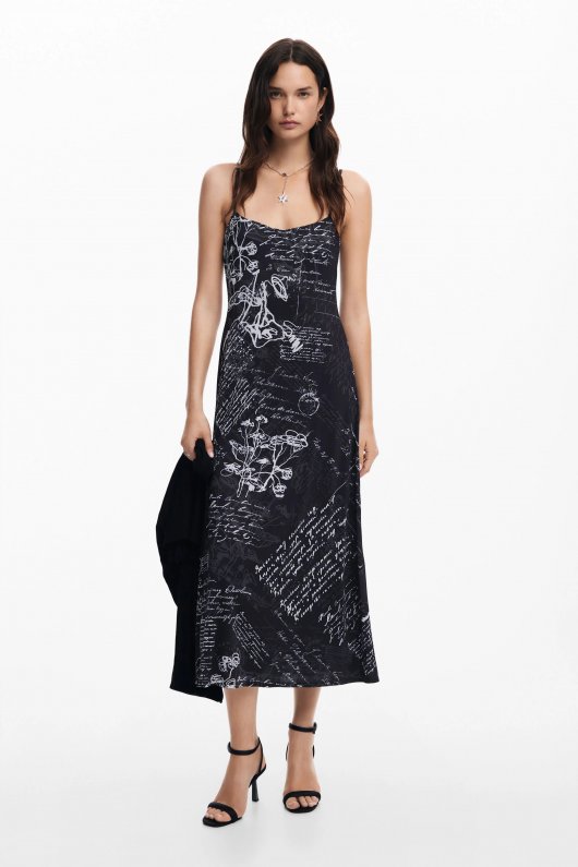Rochie neagră midi cu fustă plisată imprimată