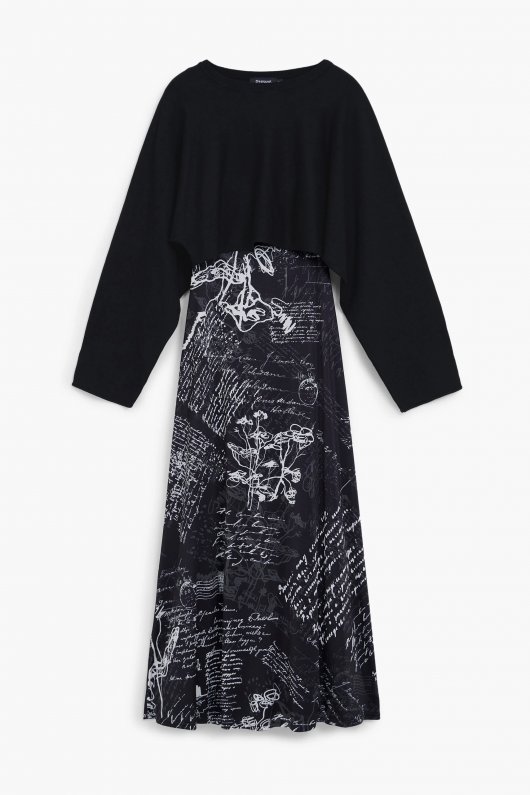 Rochie neagră midi cu fustă plisată imprimată