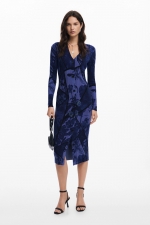 Rochie midi albastră mulată cu imprimeu floral