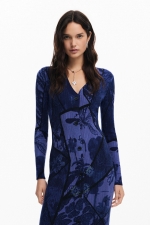 Rochie midi albastră mulată cu imprimeu floral