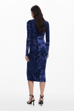 Rochie midi albastră mulată cu imprimeu floral