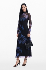 Rochie lungă neagră din tull cu imprimeu floral