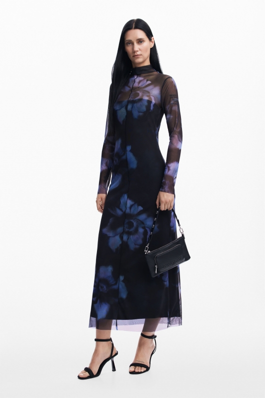 Rochie lungă neagră din tull cu imprimeu floral
