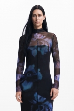 Rochie lungă neagră din tull cu imprimeu floral