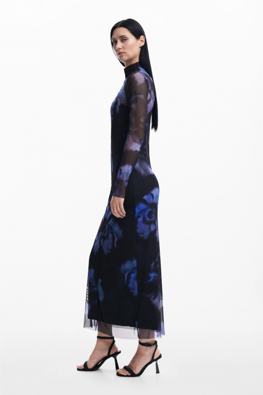 Rochie lungă neagră din tull cu imprimeu floral