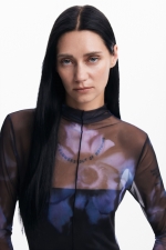 Rochie lungă neagră din tull cu imprimeu floral