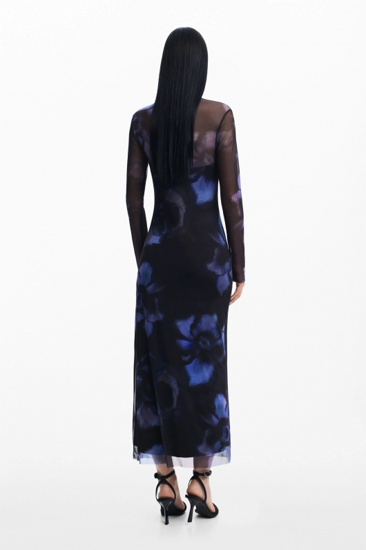Rochie lungă neagră din tull cu imprimeu floral